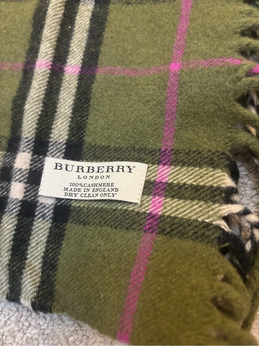 Burberry Green Plaid Cashmere Double “happy” Fringe Scarf EUC 51.5” Long 7” Wide